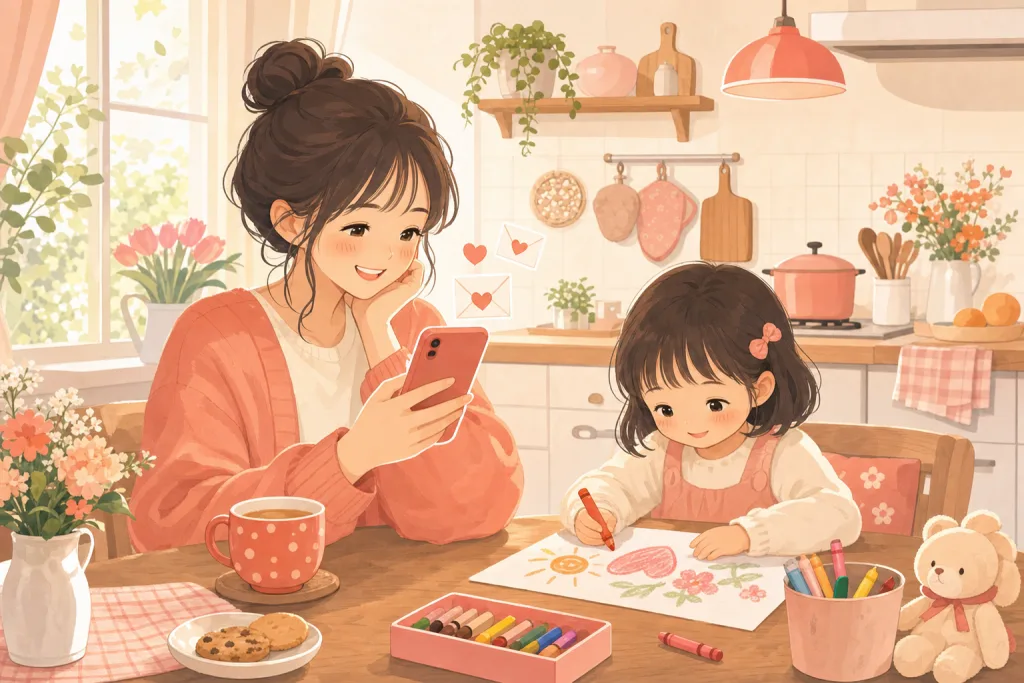 朝のキッチンでメールを読むママのイラスト